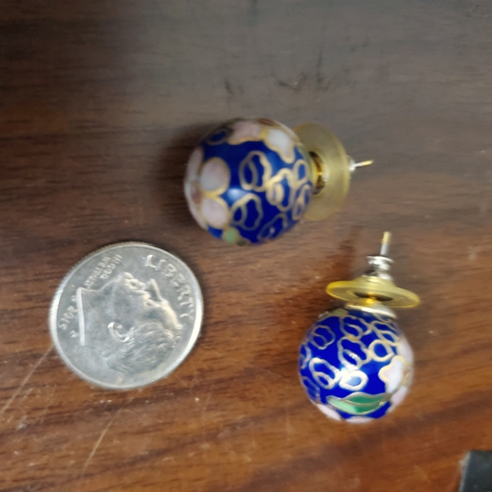 New VTG Cloisonne cobalt blue, gold & pink Floral Design Ball Pierced Earrings - Picture 2 of 5